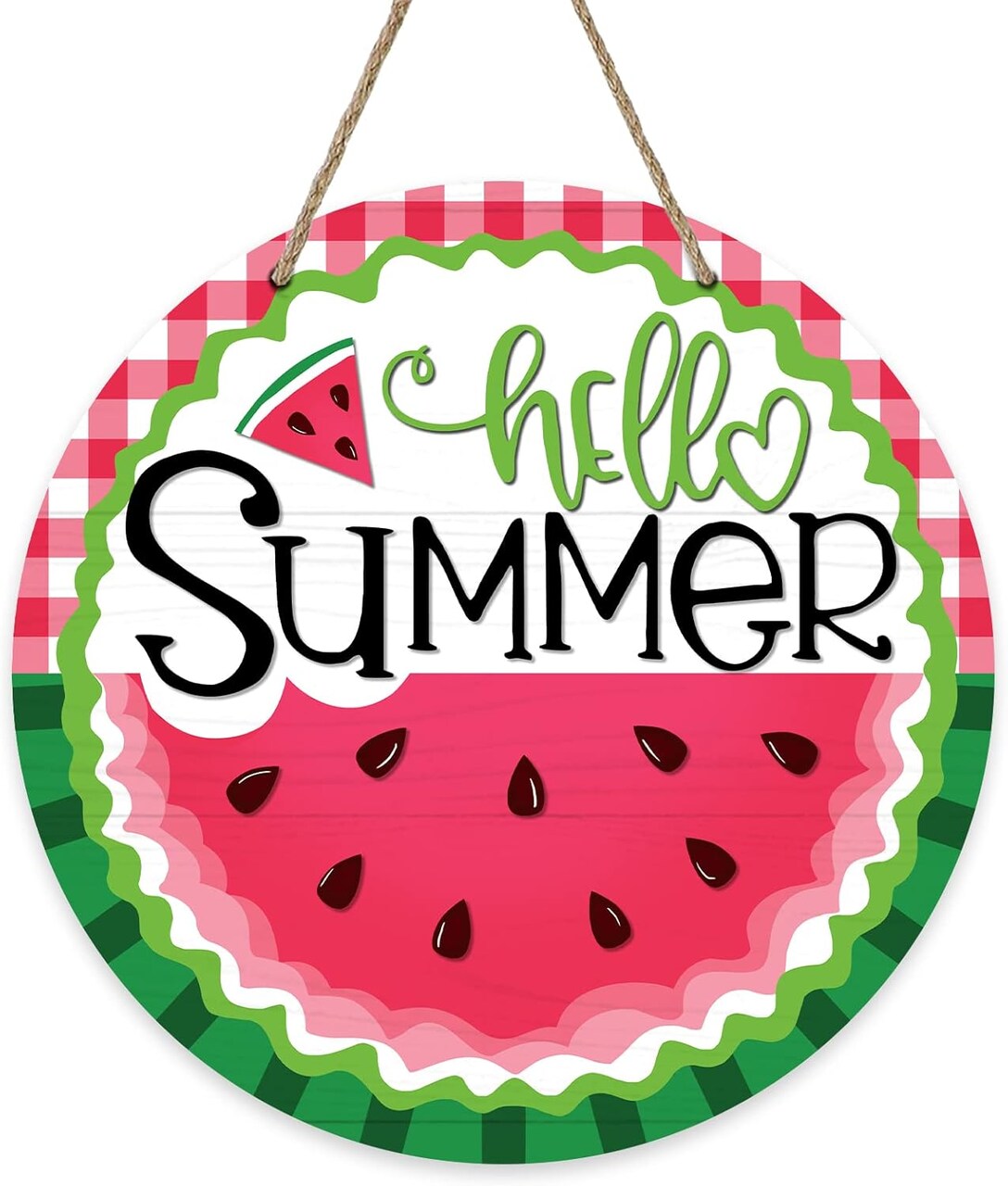 Hello Summer Watermelon Sign for Front Door, Red Buffalo Plaid Check Green Stripes Wood Door Hanger Outdoor Outside Porch Decor, Seasonal Farmhouse Wooden Wreath Indoor Wall Hanging Decoration